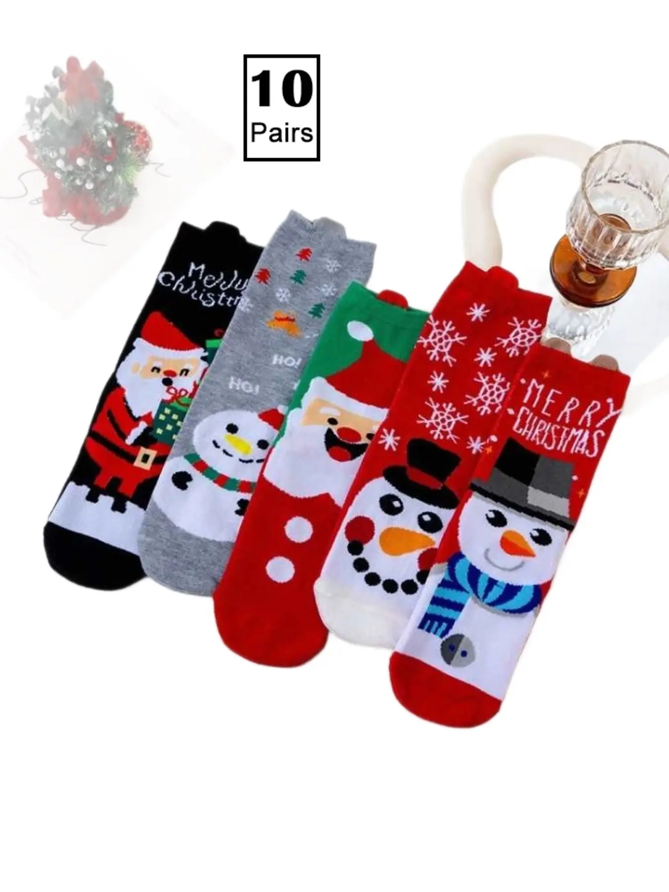 10 Pairs Christmas Crew Socks, Unisex Santa Claus & Tree Pattern, Colorful Holiday Socks, Perfect for Christmas Party Gifts