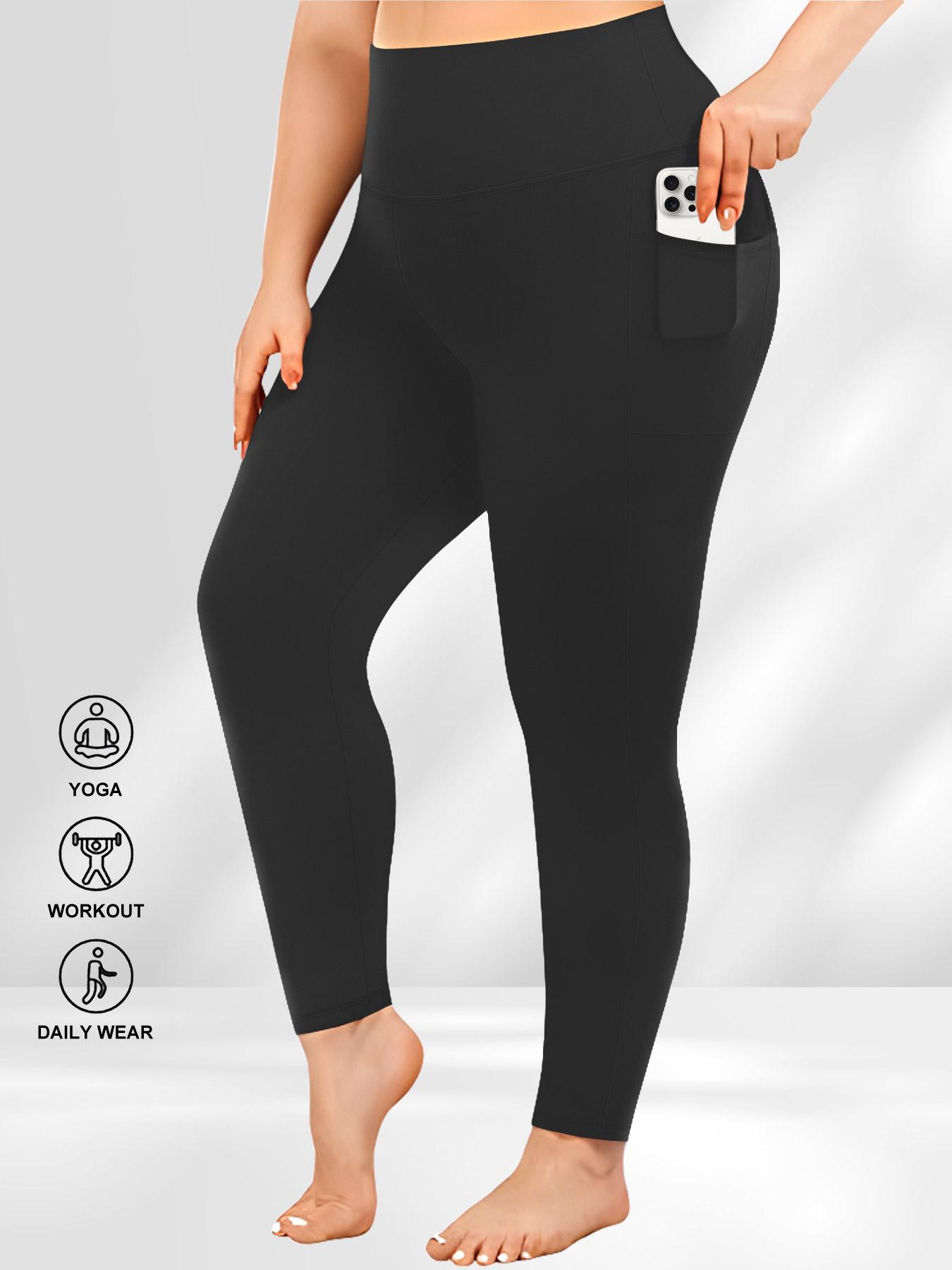 Plus Size Solid High Waist Sports Comfy Gym Workout Leggings with Pocket, Summer Outfits, Casual High Stretch Skinny Pants for Women, Soft Comfortable Women's Bottoms for All Seasons, Stretchy Workout Leggings