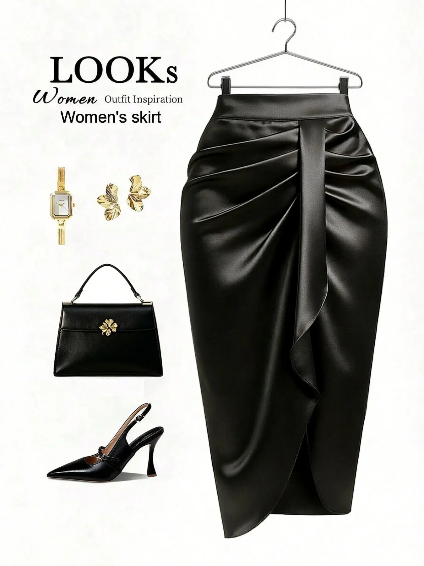 Elegant Midi High Low Skirt with Asymmetrical Split, Slimming Fit Natural Waist Design, Solid Color Plain Surface, All-Season Wearable