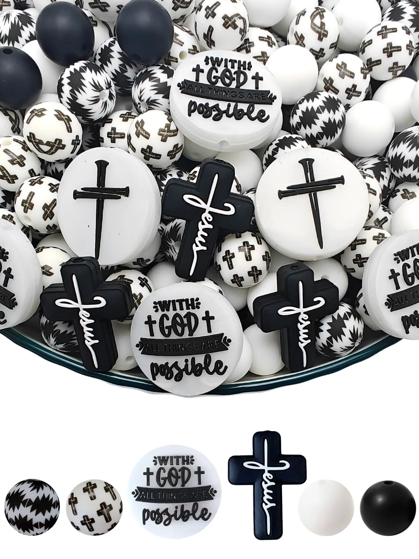 34pcs Cross Faith Silicone Beads Set, Inspirational Text Round Tags, and Cream Beads, Ideal for DIY Jewelry, Perfect Gift