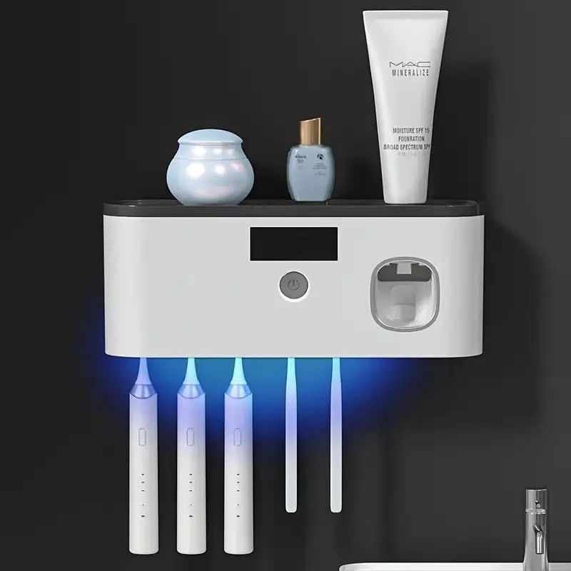 Smart Toothbrush Holder with Automatic Paste Dispenser, Wall Mounted, 5 Slots Storage, Durable Plastic, USB Charging, Modern Bathroom Organizer, Toothbrush and Toothpaste Holder