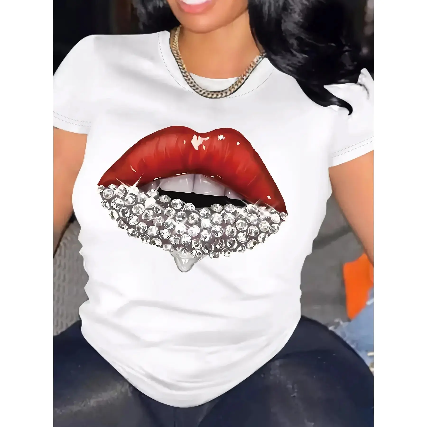 Women'S Casual Red Lips Rhinestone Graphic T-Shirt - Breathable Short Sleeve Crew Neck Top, Vibrant Summer & Spring Wear, Relaxed Fit Comfortable Fabric, Ladies T Shirts