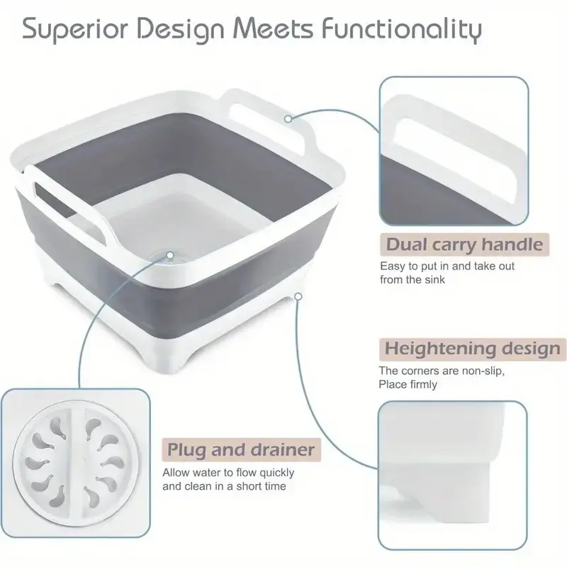 Collapsible Camping Wash Sink with Drain Plug, Foldable Portable Washing Drain Basket, Space Saving Water Tub for Picnic, RV, Travel, Outdoor BBQ, Vegetable Fruit Cleaning, Dish Washing Storage Tray