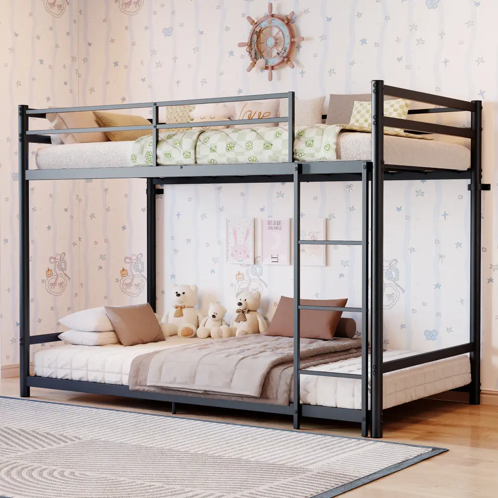 Black metal bunk bed, low bed, single bed frame with 11 crossbars, supports over 330 lbs, storage space under the bed, suitable for adults, children, and teenagers.