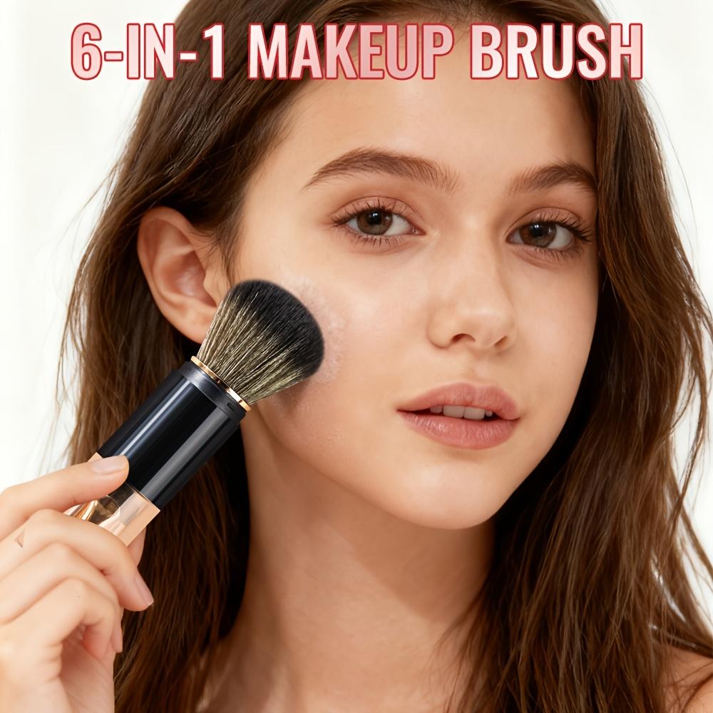 6-in-1 Extendable Makeup Brush Set with Retractable Blush & Foundation Brush & 2 Double-Ended Eyeshadow Brushes - Portable Travel-Friendly Compact Suitable for Skin Types, Concealed Angled Foundation Tip, Detachable Nylon Bristles for -the-