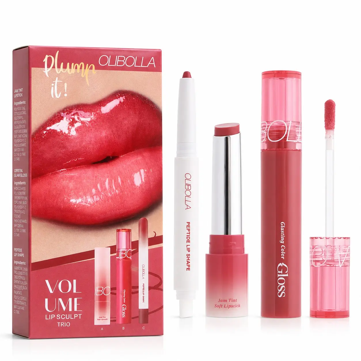OLIBOLLA Volume Lip Sculpt Trio 3in1 Lip Makeup Set with Peptide, Peptide Lipgloss, Plumping Moisturizing Define Lips, Daily Makeup & Travel, Non-Sticky Glossy Finish Buildable Color Lip Liner Lipstick Lip Gloss Kit
