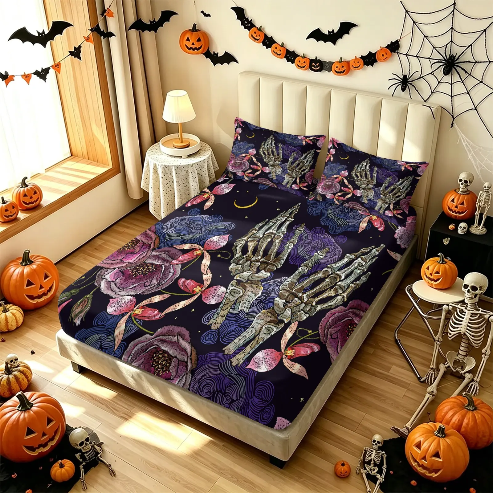 3Pcs Gothic Skeleton Hand Floral Fitted Sheet Set & 2 Coreless Pillowcases, Dark Purple Base Vintage Floral Moon Cloud Imitation Embroidery Print, Deep Pocket Anti Slip Washable Soft Bedding, Halloween Day Of The Dead Decor Gift For Gothic Lovers