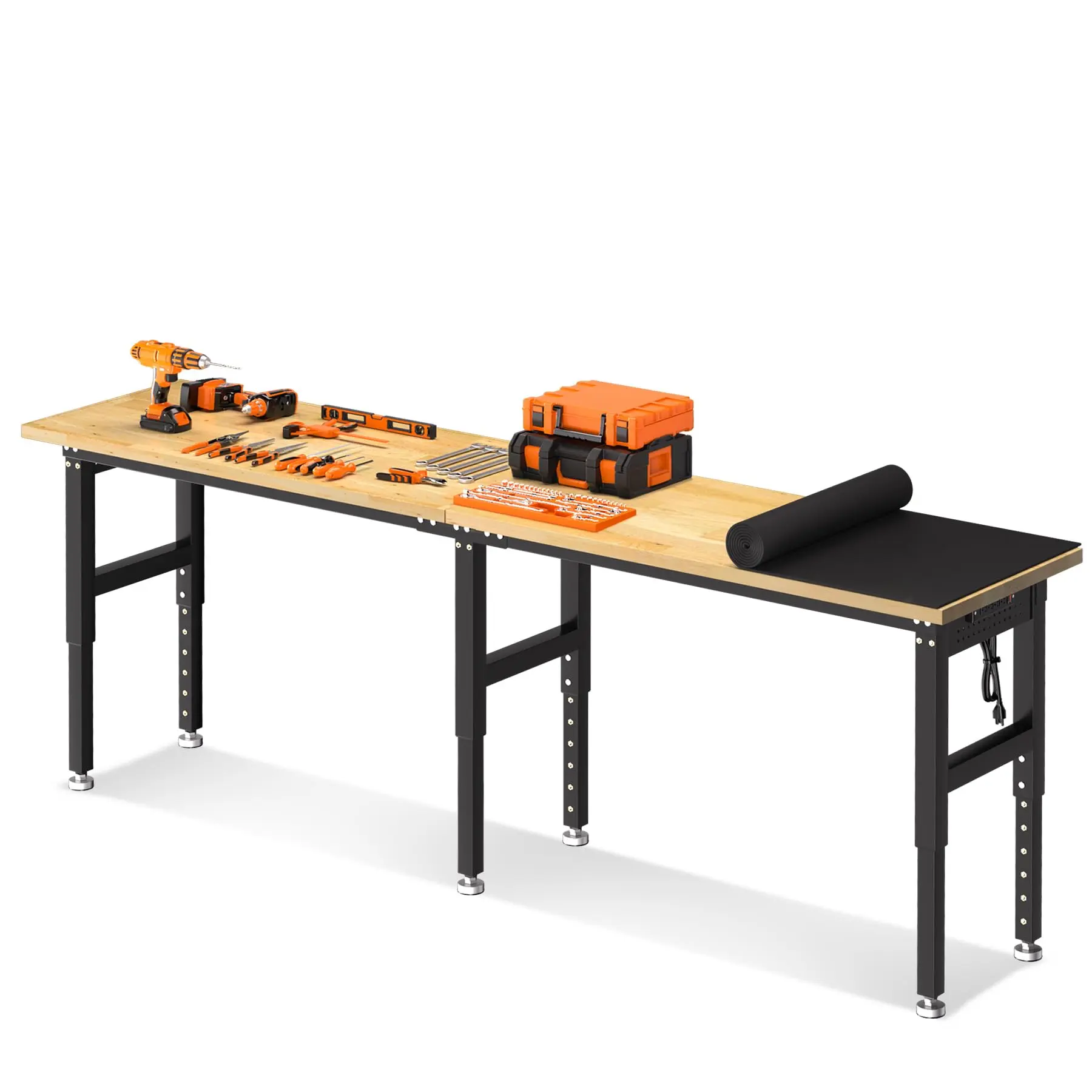 Garvee 96" Heavy Duty Adjustable Workbench 5500 LBS, Rubber Wood Top Garage Work Table With Dual Power Outlets & Pegboards For Workshop Garage Office Repair Projects