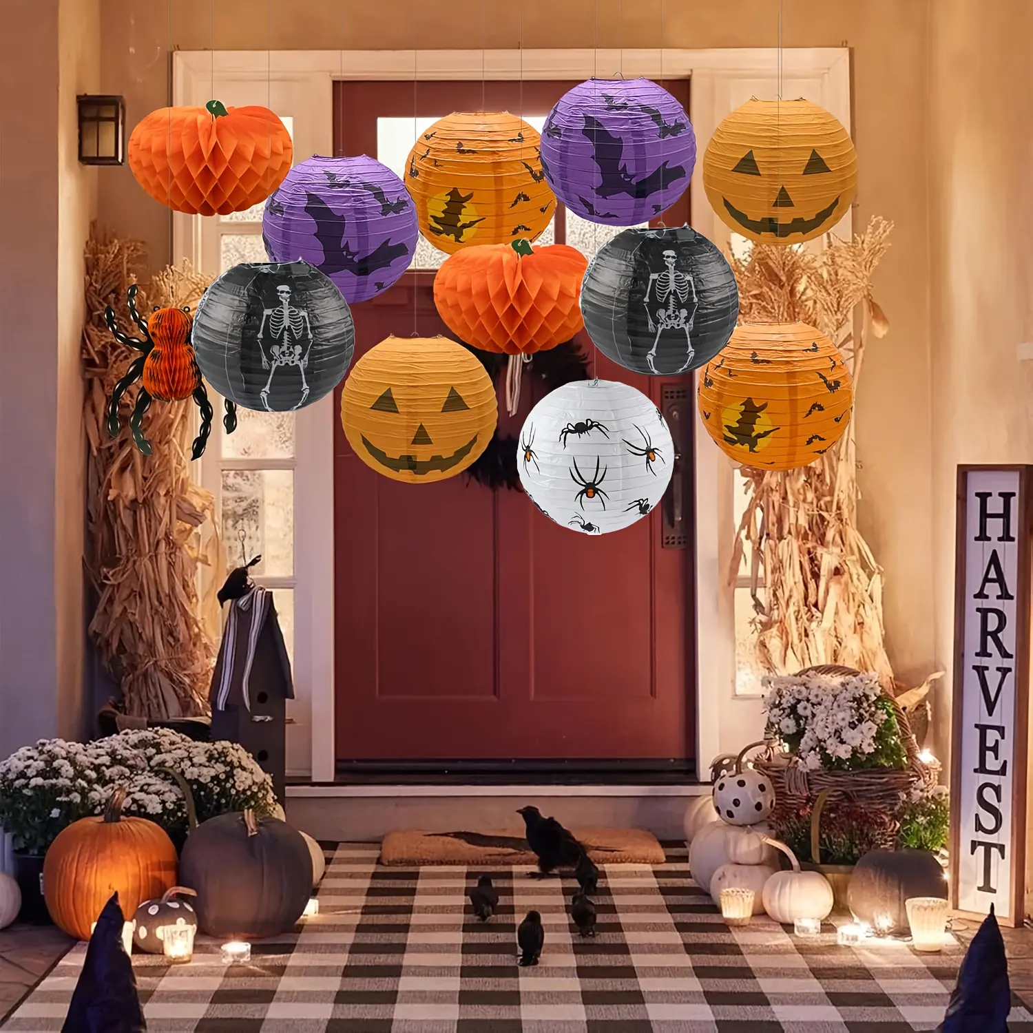 10pcs Mixed Halloween Paper Lantern Set, Including 5 Mixed Paper Lanterns + 5 Stands. Vintage Hanging Lanterns in Skull, Bat, and Pumpkin Designs, Perfect for Halloween Decorations, Yard-style Decor, and Nostalgic-themed Parties Ornaments