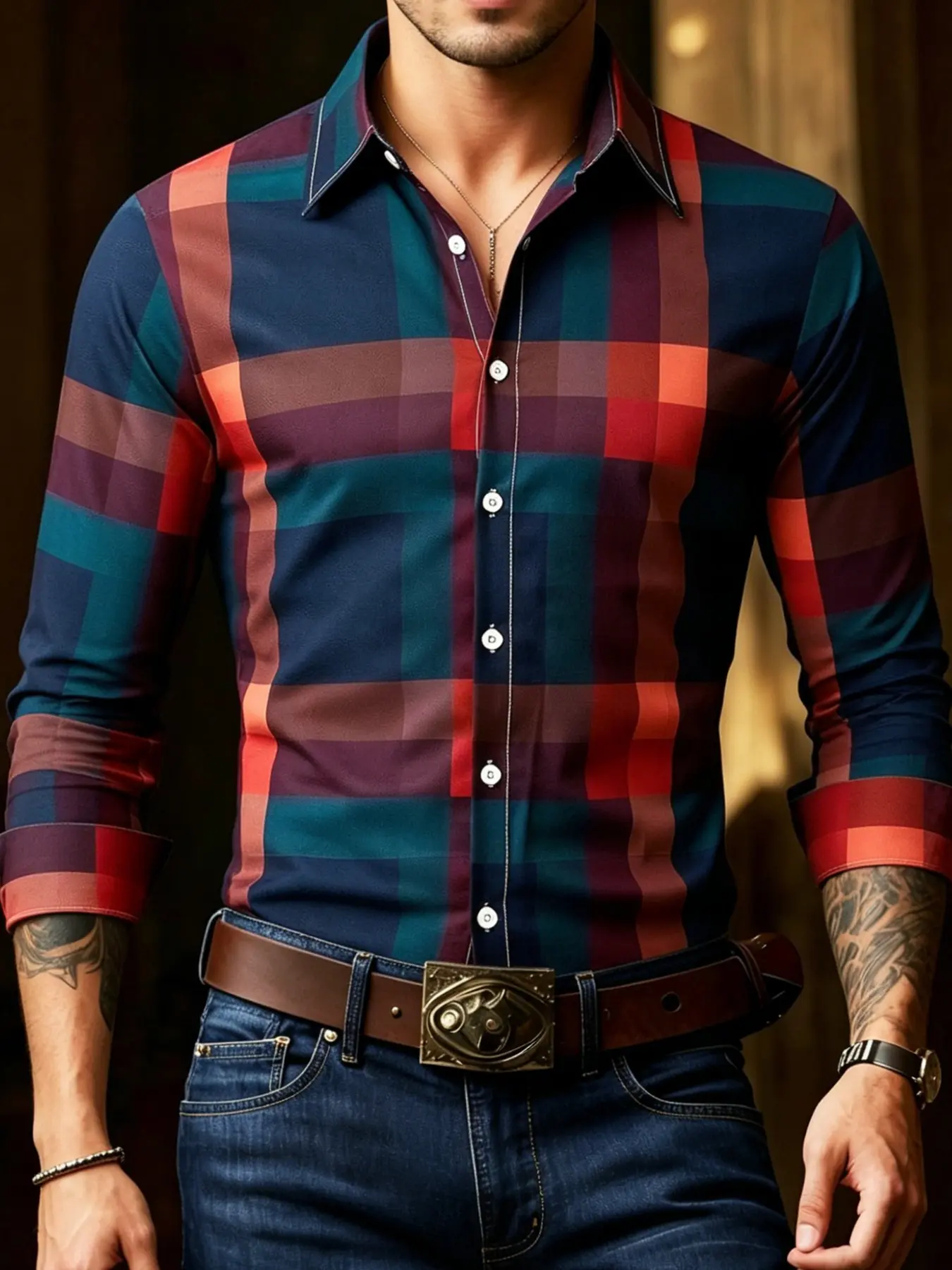 Men's Classic Design Long Sleeve Button-Up Plaid Shirt, Graduated Grid Pattern, Suitable for Spring Summer Fall, Office Business Casual Formal, Checkered Shirt