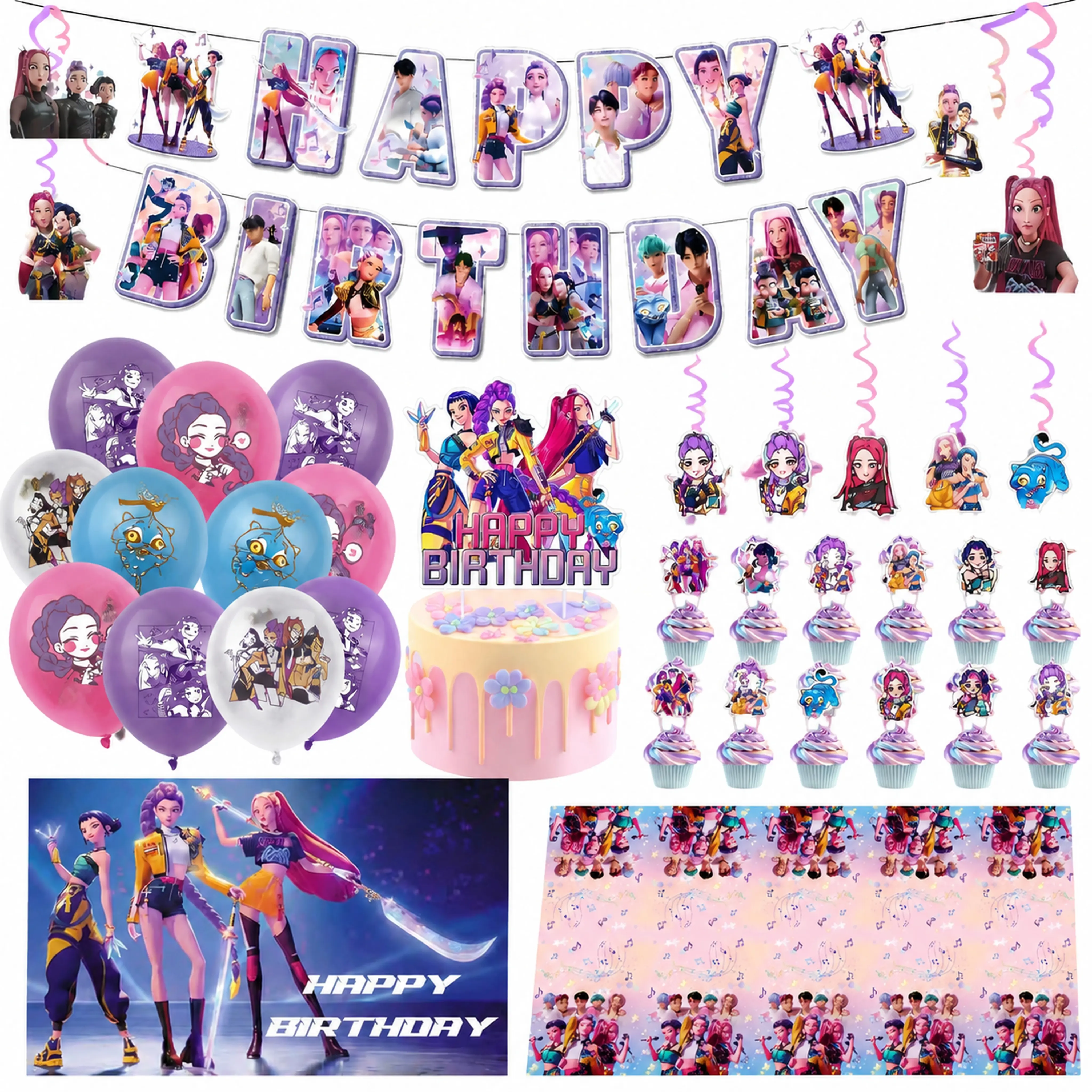 A complete 50-piece birthday decoration set, including banners, balloons, suspended vortex-shaped cake trays and tablecloths. Suitable for Gothic vampire-themed birthday parties and Halloween gatherings for both boys and girls. An integrated party supply