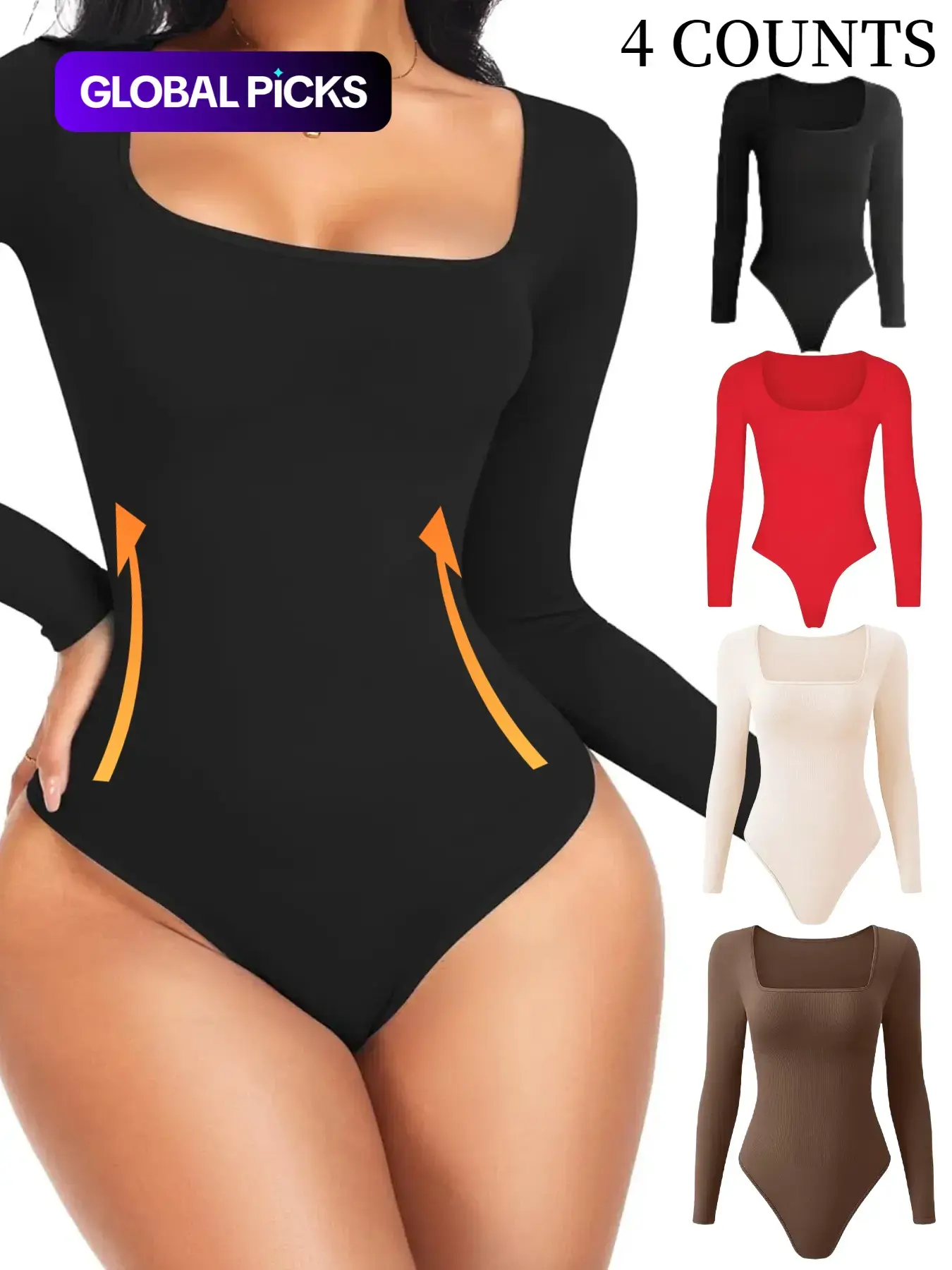 Women's Solid Square Neck Long Sleeve Compress Shapewear Bodysuit, Casual Comfy Tummy Control Butt Lift Shaper, Ladies Shapewear for All Seasons