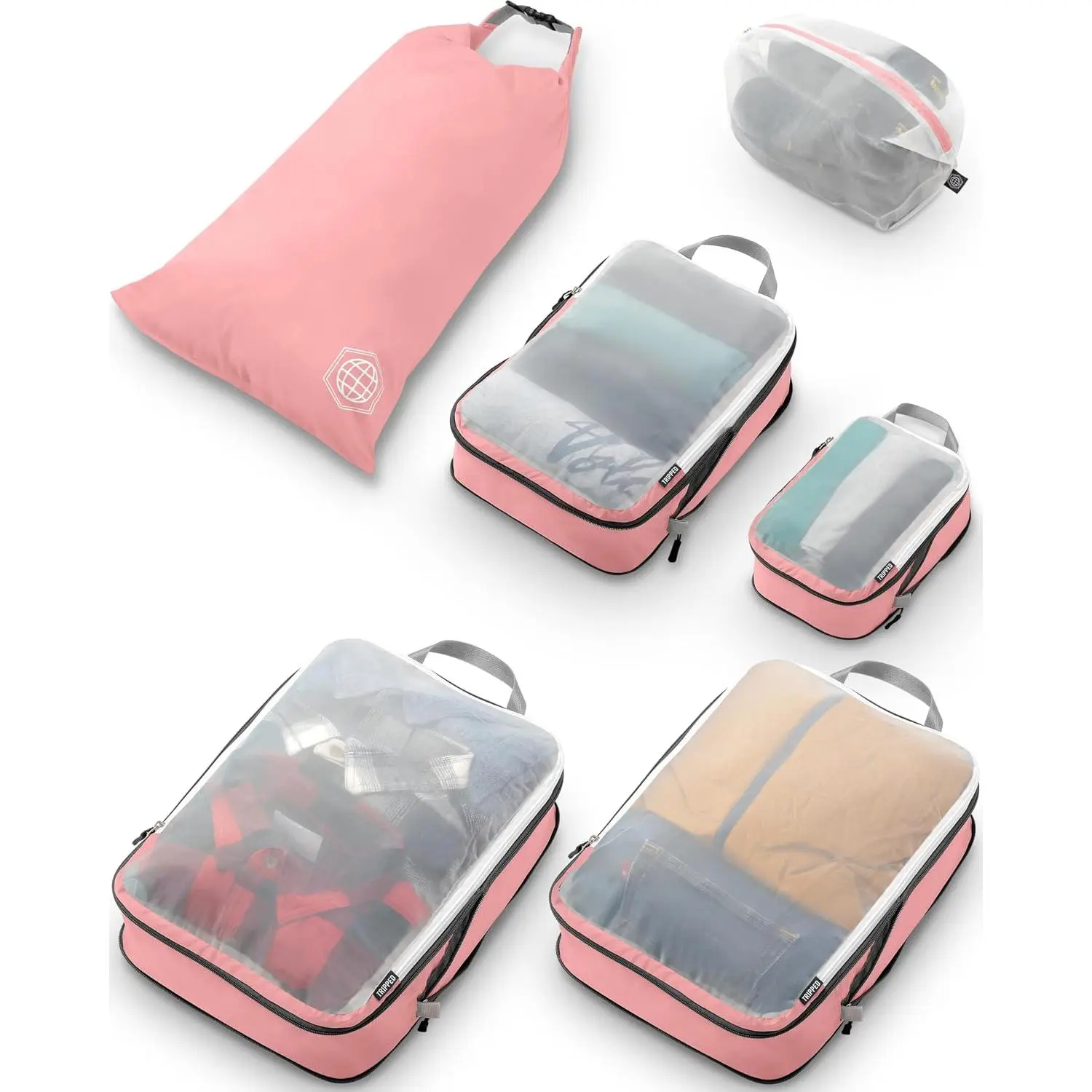 Multi-Size Synthetic Fabric Compression Packing Cubes (6-Piece) with Mesh Panels - Home Organizer Storage Bags for Space Maximization, Easy Clothes Access