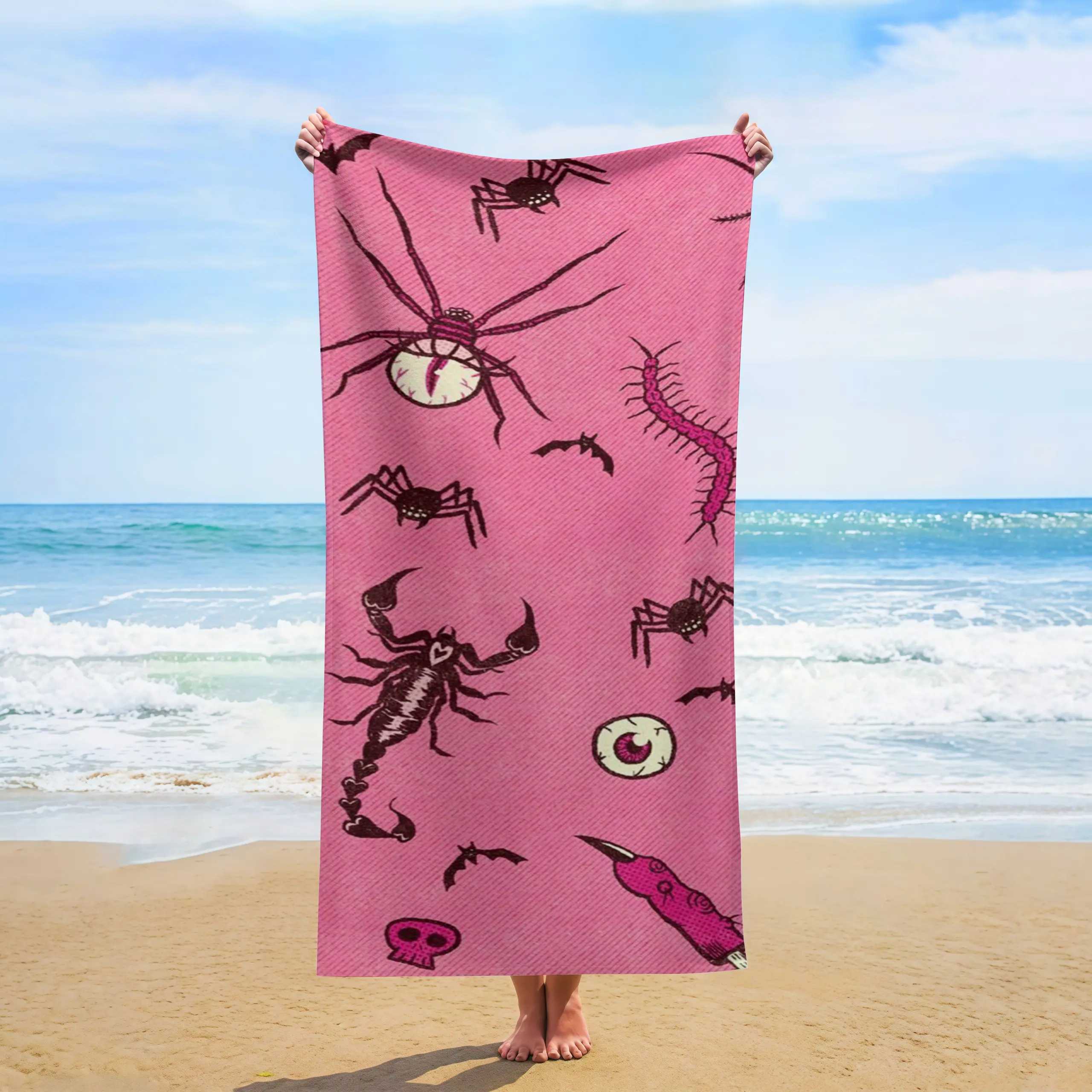 Quick Dry Beach Towel with Pink and Black Spider and Scorpion Print, Lightweight Halloween Pool Towel, Creepy Cute Gothic Summer Beach Accessory for Men and Women