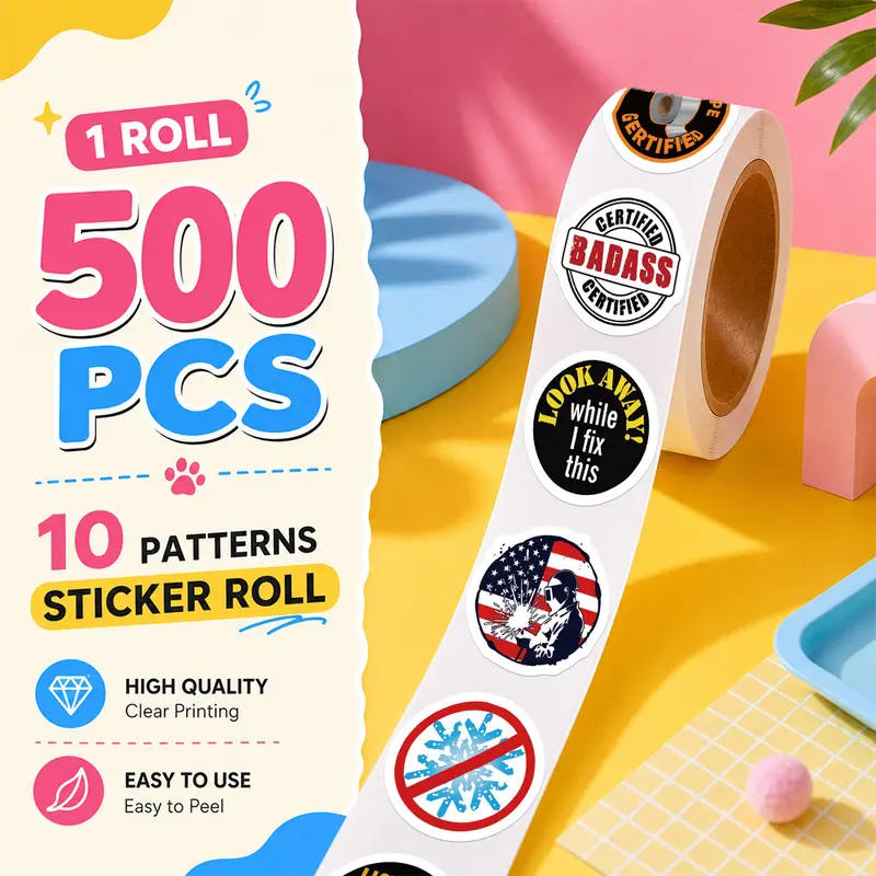 500PCS/Roll Safety Helmet Sticker Roll, 10 Designs Aesthetic Decorative Sticker Tape, Self Adhesive Journaling Stickers for Notebook, Laptop, Phone Case and Daily Decoration