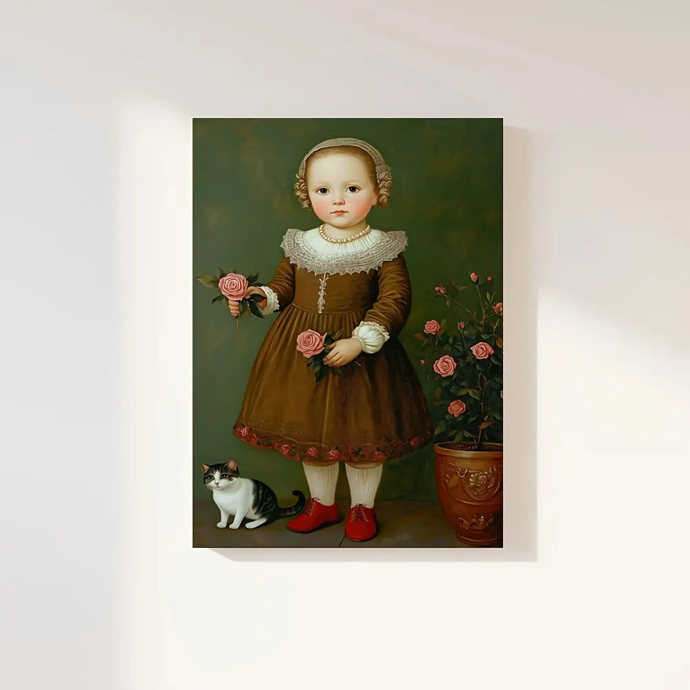 Girl and Cat Canvas Print, Original Art, Folk Art, Kindergarten, Wall Art, Decoration, 1 Piece Exquisite Wooden Framed Canvas Painting