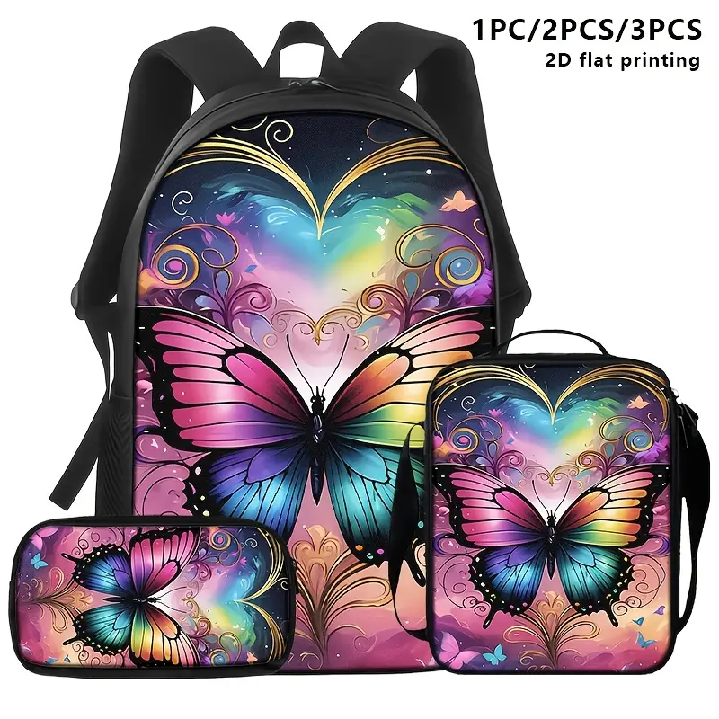 Women's 1/2/3-Piece Luggage & Bags Set Pack - Backpack, Crossbody Bag, Pouch with Rainbow Print, Butterfly Motif, Heart-Shaped Cosmic Design, Zip Closure for Daily Commute, Travel
