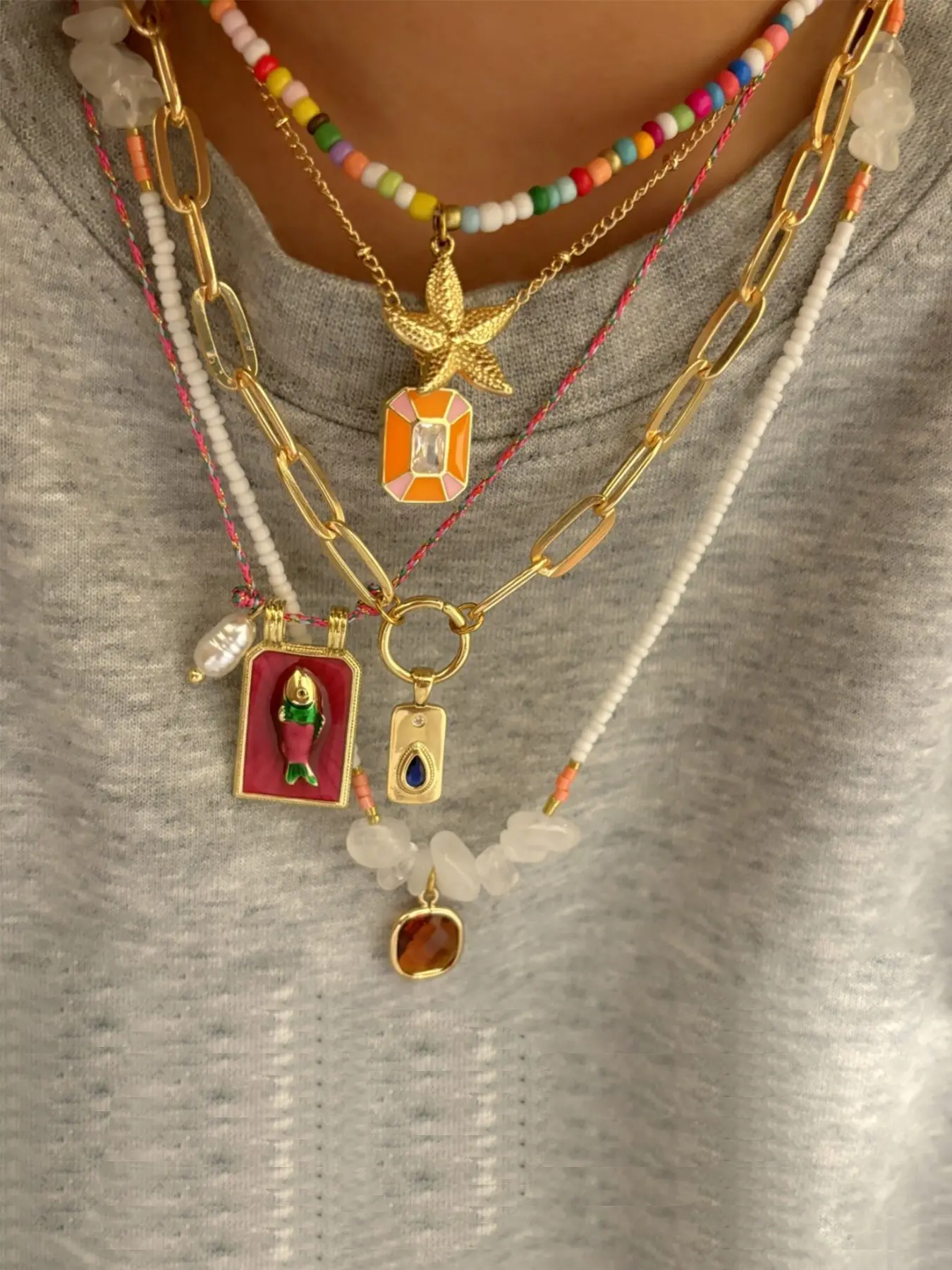 Handmade Colorful Beaded Layering Necklace Set, 5 Piece Alloy Chain Jewelry, Casual Style for All Seasons, Perfect Gift for Carnival