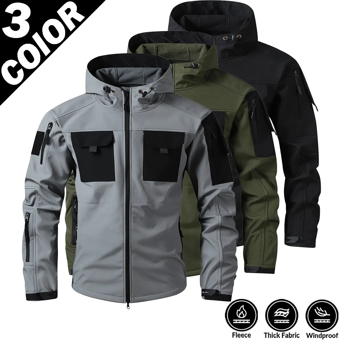 American-style tactical three-proof functional jacket for men, softshell jacket, waterproof, windproof, warm, fleece-lined, waterproof, high-end American-style assault jacket