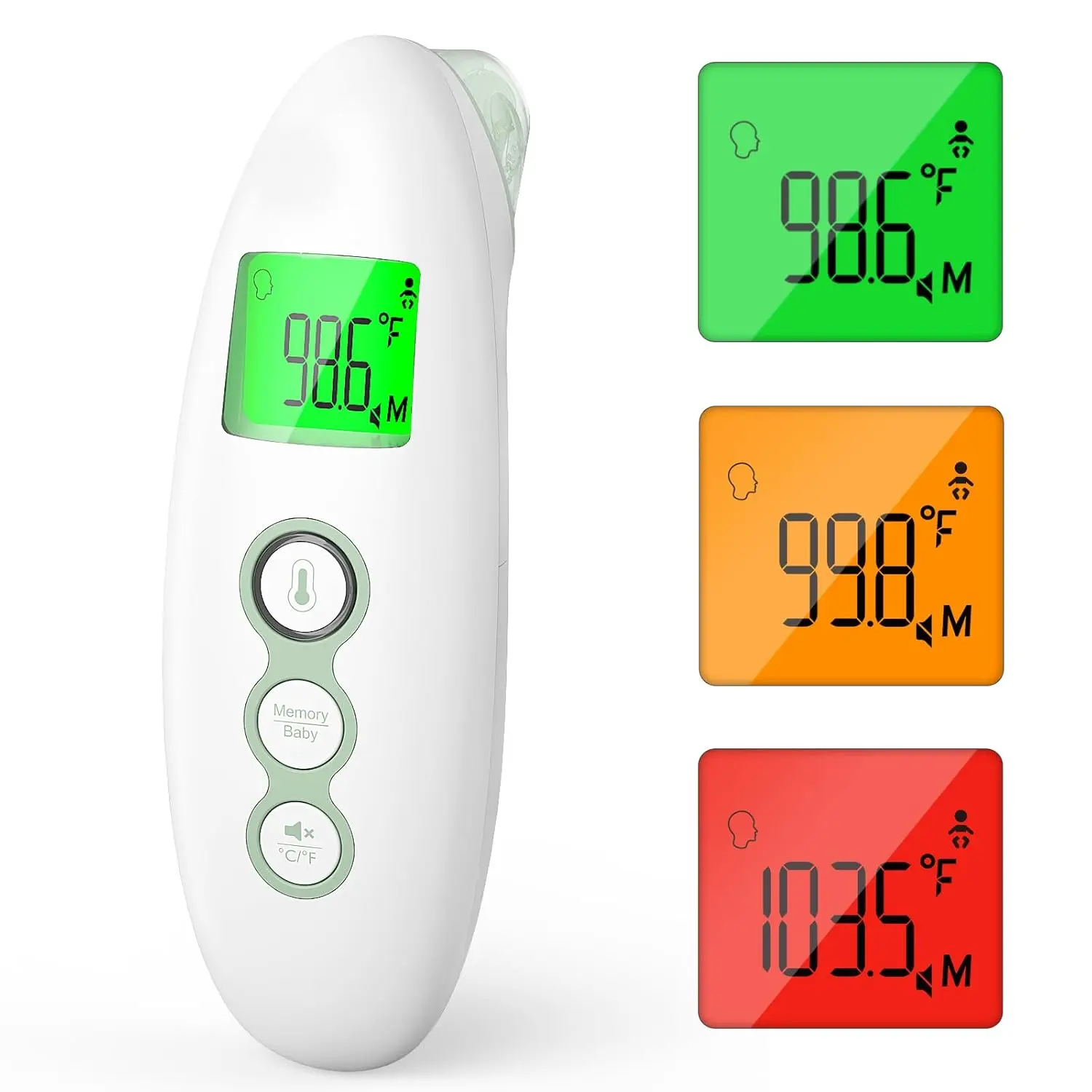 Non-Contact Forehead and Ear Thermometer, Digital Infrared Thermometer for Adults and Children, with Child Mode, Fever Alarm Function, Mute and Memory Functions, Fast and Accurate Measurement
