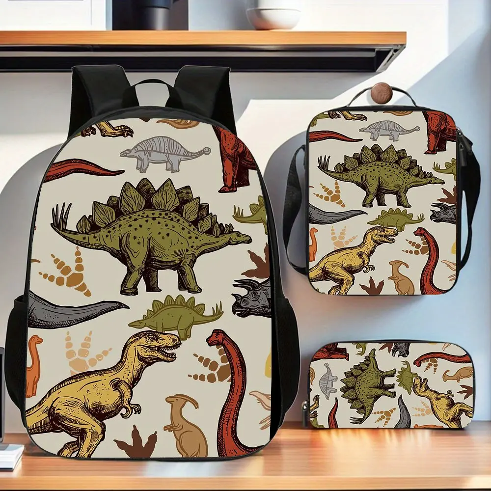 Durable Water Resistant 3-Piece Kids Backpack Set, Lightweight School Pack with Lunch Box & Pencil Case, 600D Oxford With Vintage Hand-Drawn Dinosaur Footprint Allover Print, Breathable Padded Straps, 15-inch Laptop Space, PEVA Insulated Lunch Bag for Tod