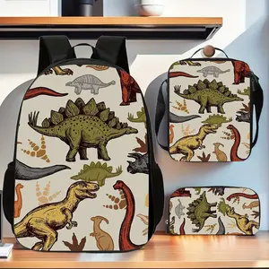 Durable Water Resistant 3-Piece Kids Backpack Set, Lightweight School Pack with Lunch Box & Pencil Case, 600D Oxford With Vintage Hand-Drawn Dinosaur Footprint Allover Print, Breathable Padded Straps, 15-inch Laptop Space, PEVA Insulated Lunch Bag for Tod