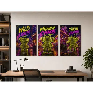 Neon Carnival Bear Triptych Canvas Poster Set, Cyberpunk Wall Art, "Wild Lights" "Midway Chaos" Print for Teen Bedroom, Gaming Room, Office, Modern Aesthetic Home Decor Gift,wall decor,poster.