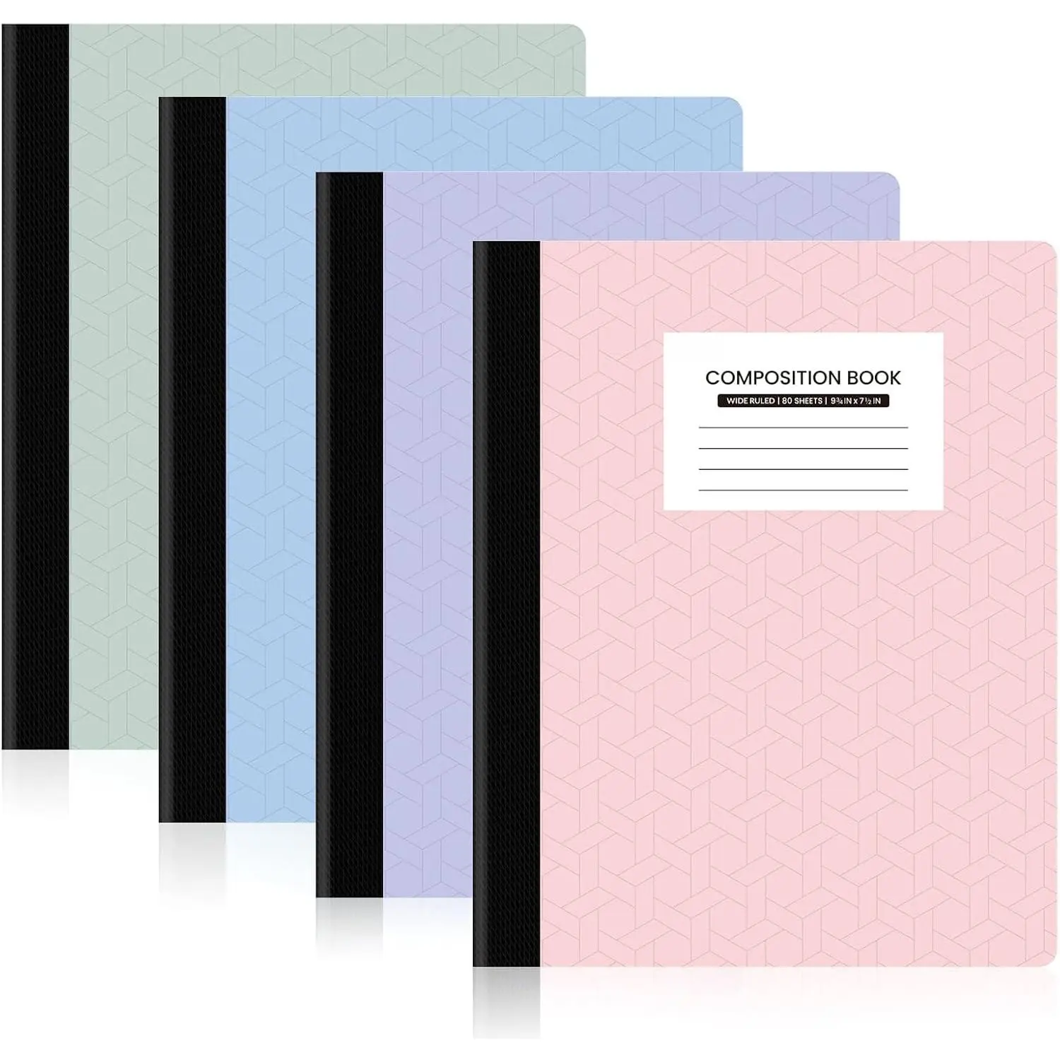 Geometric Composition Notebooks, 4-Pack Wide Ruled Writing Supplies, 9 3/4" x 7 1/2" Size, 80 Sheets/160 Pages Ample Writing Space, Colored Cover School & Office Stationery