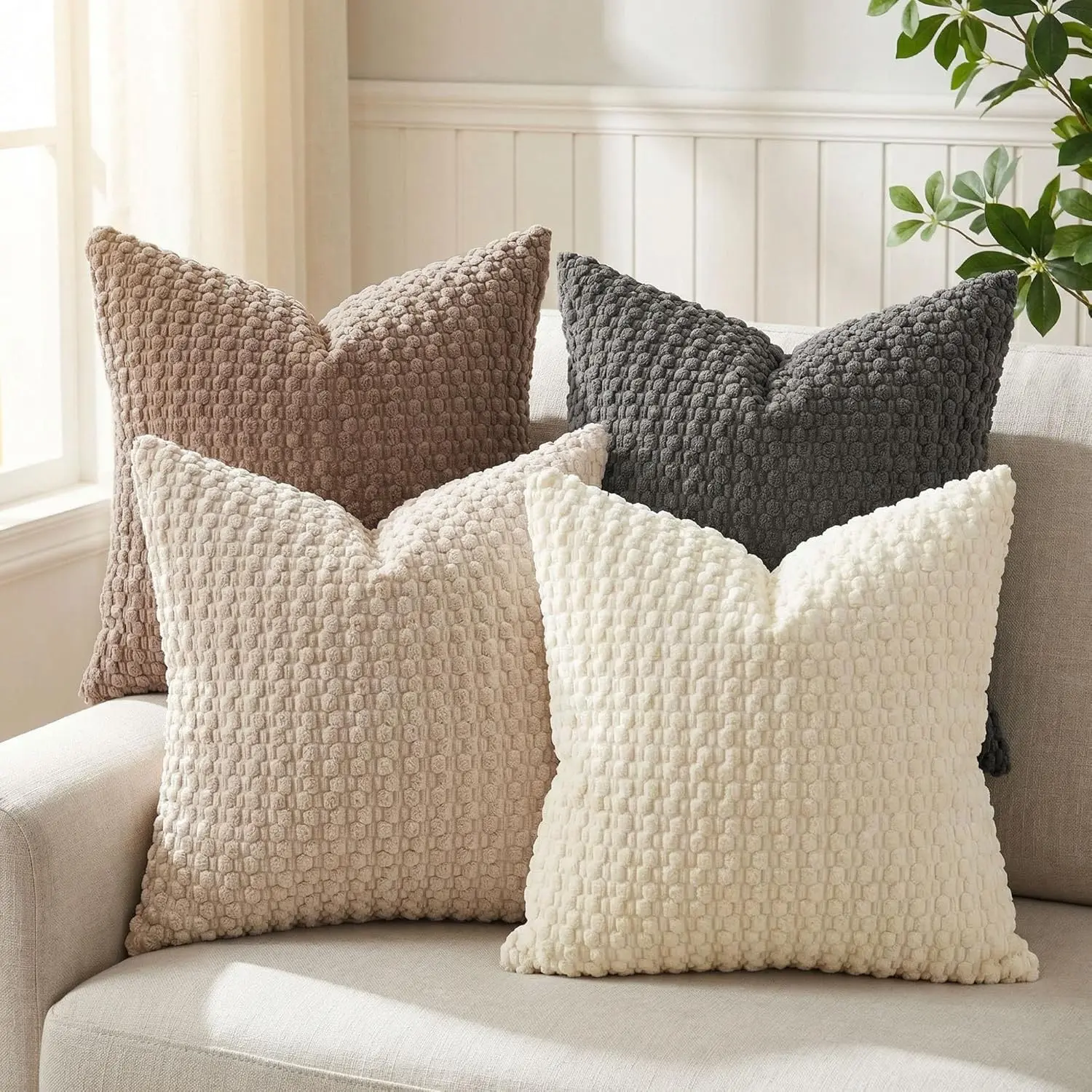 4PCS 3D Popcorn Corduroy Throw Pillow Covers 18x18 inch/ 20x20 inch, Super Soft Boho Farmhouse Decorative Cushion Cases for Couch, Soft Accent Pillows for Living Room (Without pillow insert)