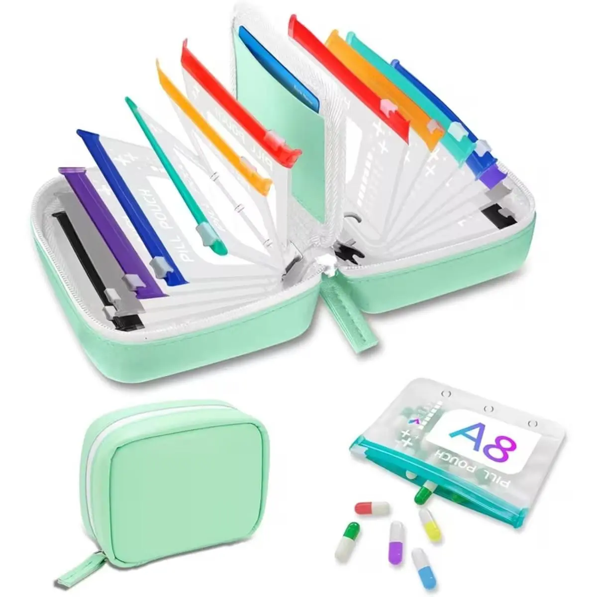A8 Pill Organizer Set with 14 Color Coded Pouches, Twice Daily Large Pill Organizer for Seven Day Medicine Storage, Reusable Travel Medication Case for Home Office and Daily Wellness Routine, Supplement Organizer, Vitamin Organizer