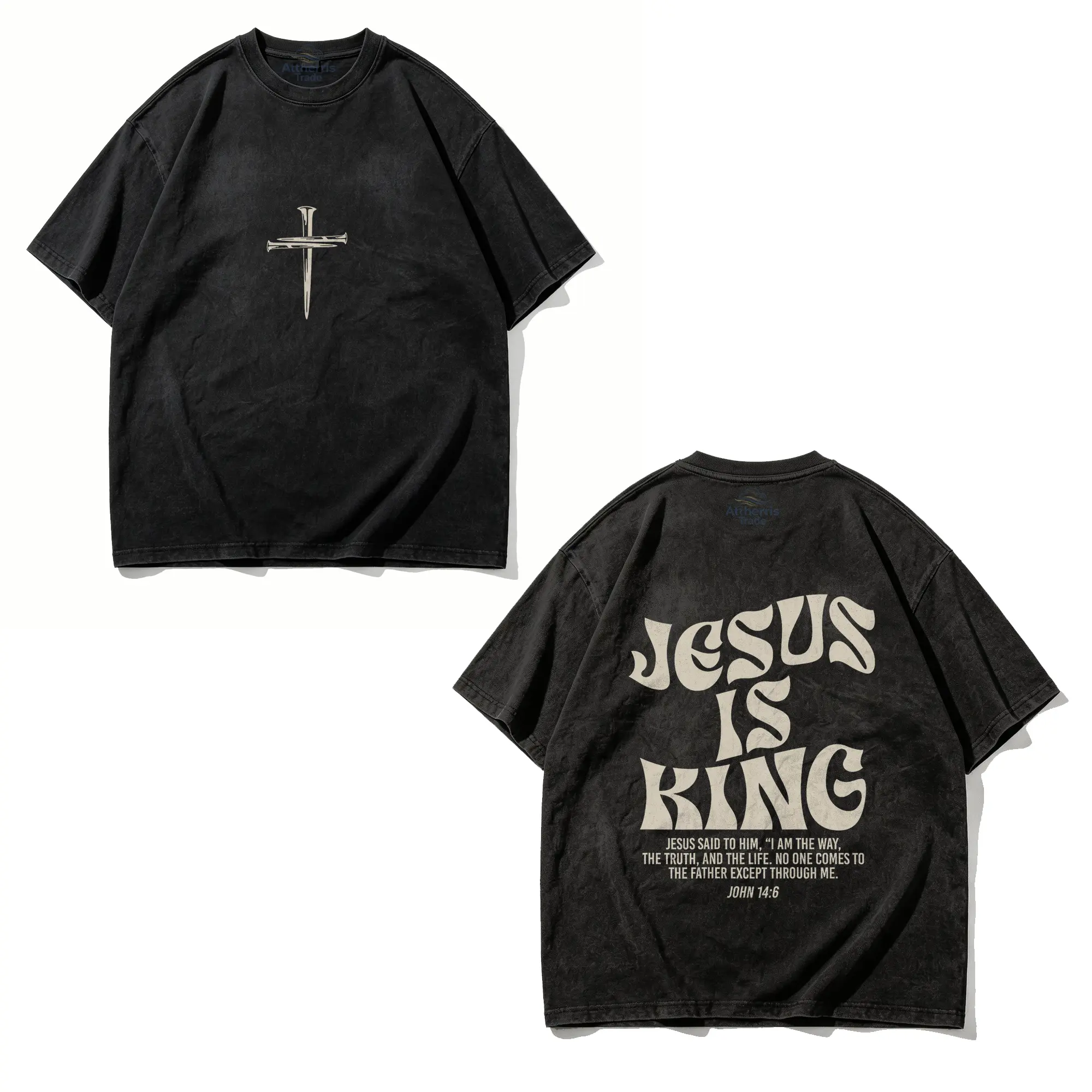 Jesus is King Bible Verse John 14:6 Christian God Religious Front and Back Cotton Washed T-shirt, Graphic Crew Neck Soft Top Short Sleeve Casual Unsex Washed Shirt for Men Women