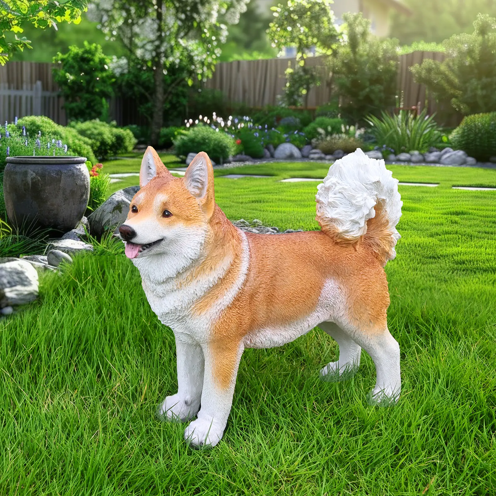 ARCH Lifelike Brown-White Resin Shiba Inu Dog Statue, Hand-Painted Weather-Resistant Outdoor Decor, 11.8x14.2x5.9in Garden Sculpture for Yard Lawn Patio Home, Gift for Dog Lovers