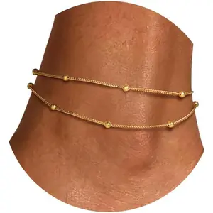 U7 Silver/Gold Ankle Bracelets for Women Layered Chain Anklets Stainless Steel Waterproof Summer Beach Anklet Cham, Adjustable 8.5"-10.5"
