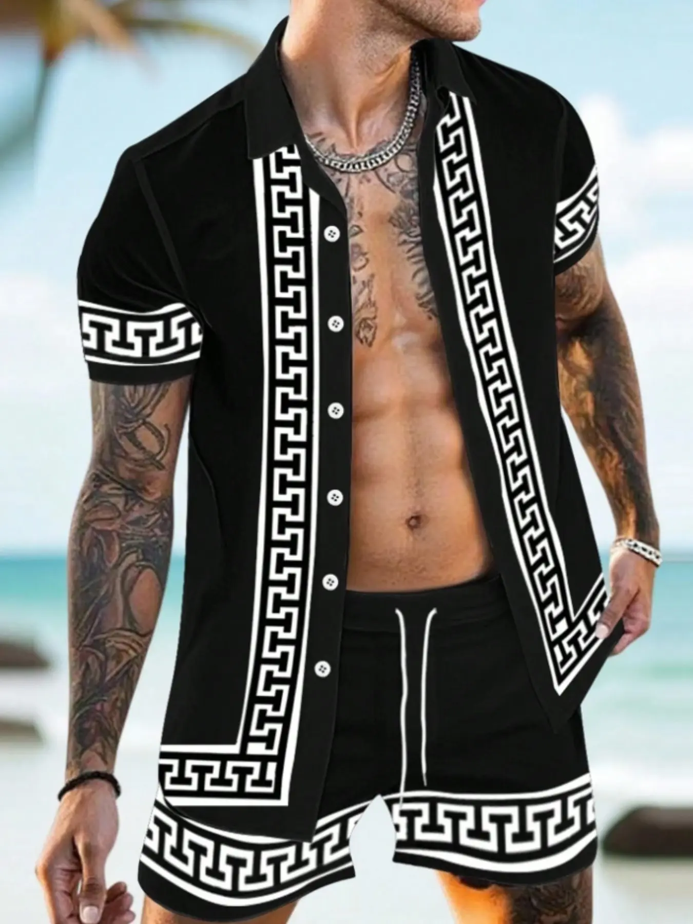 2PC Men's Summer Vacation Geometric Pattern Short Sleeve Shirt and Shorts Set, Casual Wear, Perfect for Warm Weather
