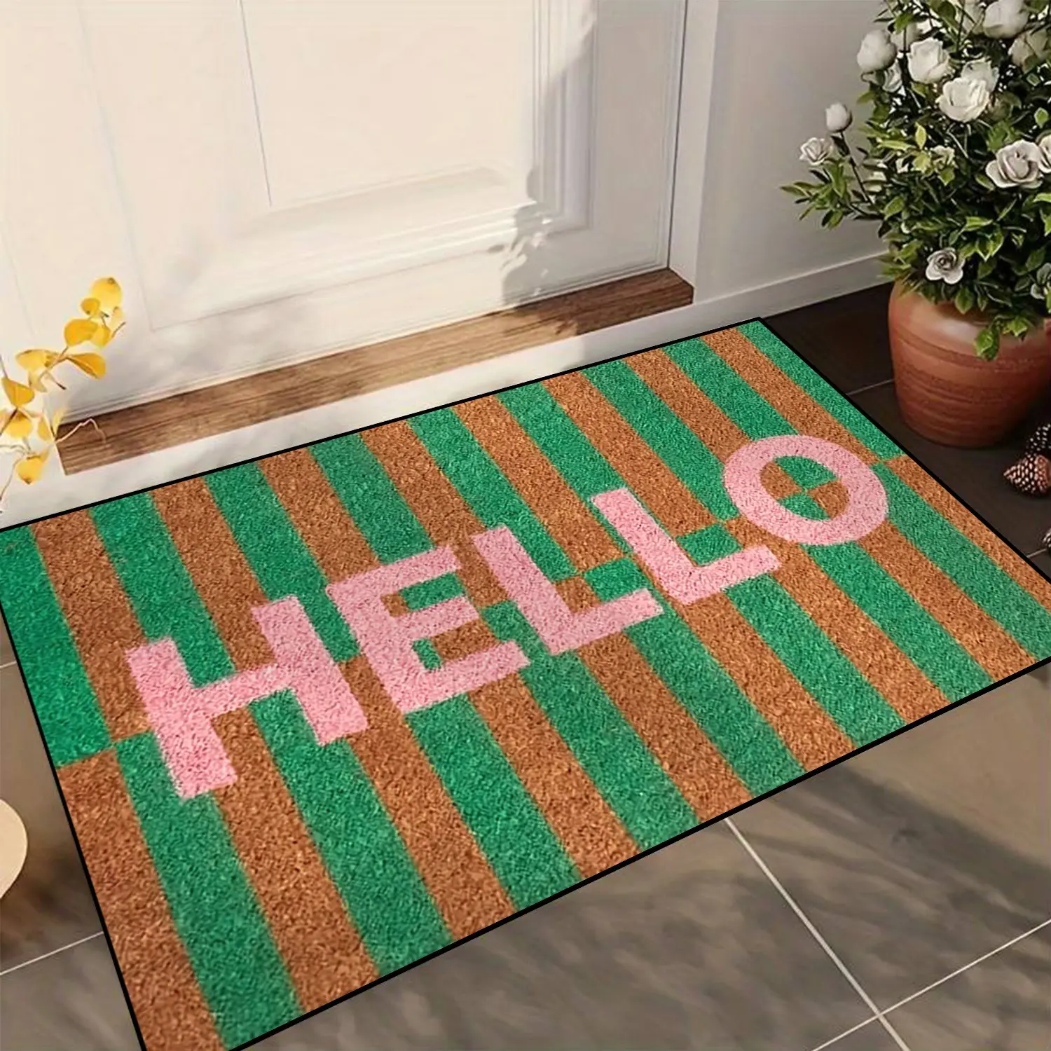 Striped Hello Welcome Door Mat, Non-Slip Washable Entry Rug, Home Decor Rug, Kitchen Dining Hallway Bathroom Bedroom Party Decor Gift