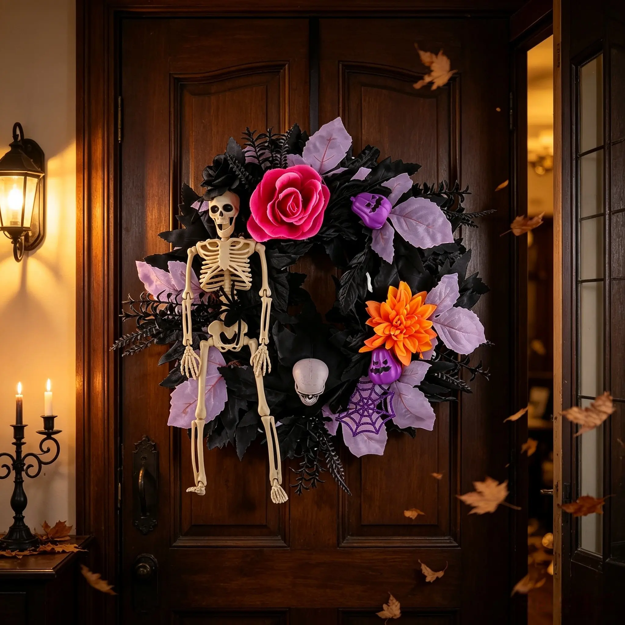 Halloween Skull Skeleton Wreath, Dark Realistic Rose Circle, Pumpkin Spider Door Hanging, Party Decoration, 1pcs, Spooky