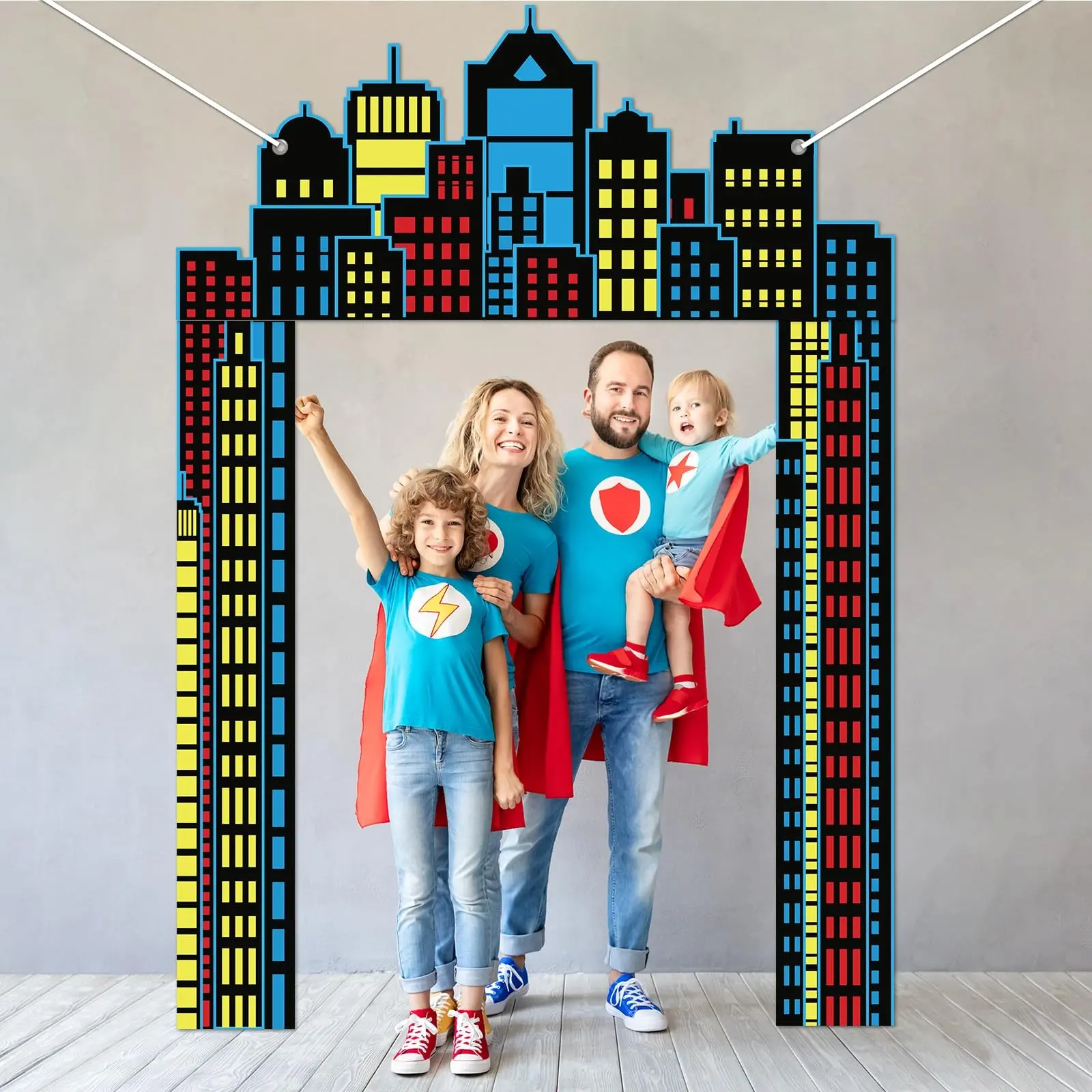 3-Piece Hero Party Porch Banner Set, Superhero Theme Birthday Decor, City Skyline Door Banner, Photo Booth Props, Porch Decoration