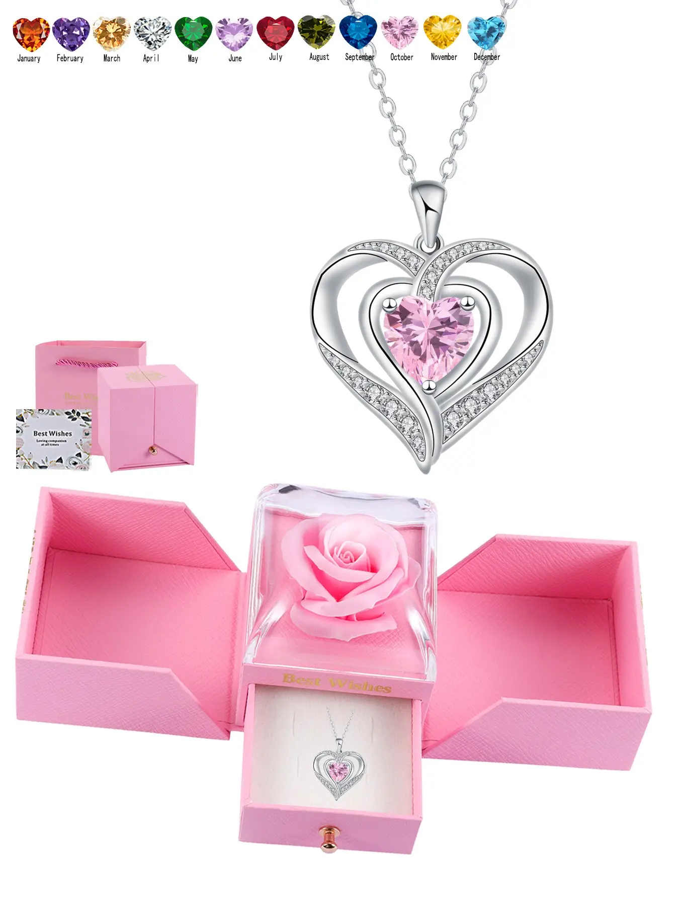 Nested Hearts Birthstone Pendant Necklace with Eternal Flower - Comes with exquisite rose gift box Romantic Gift Set Jewelry Gift for Valentine's Day & Birthday,A gift for my wife, mother, and girlfriend