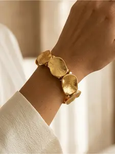 Gold Tone Geometric Disc Stretch Bracelet | Textured Metallic Statement Jewelry | Trendy Stackable Bangle for Women