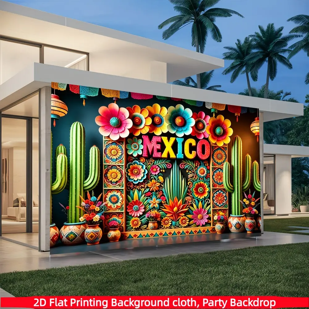 1PC Mexican style background cloth, colorful paper-cut flowers, cactus, ethnic patterns, clay pots, polyester fiber, suitable for Mexican Independence Day celebration scenery, Latin American style photo background, Photo Shoot Backdrops