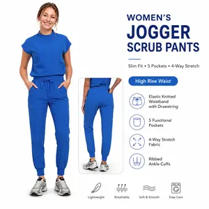 VECARDI Women's Cargo Scrub Pants Royal Blue 4-Way Stretch Jogger with 5 Pockets for Nurses Comfortable Workout Workwear