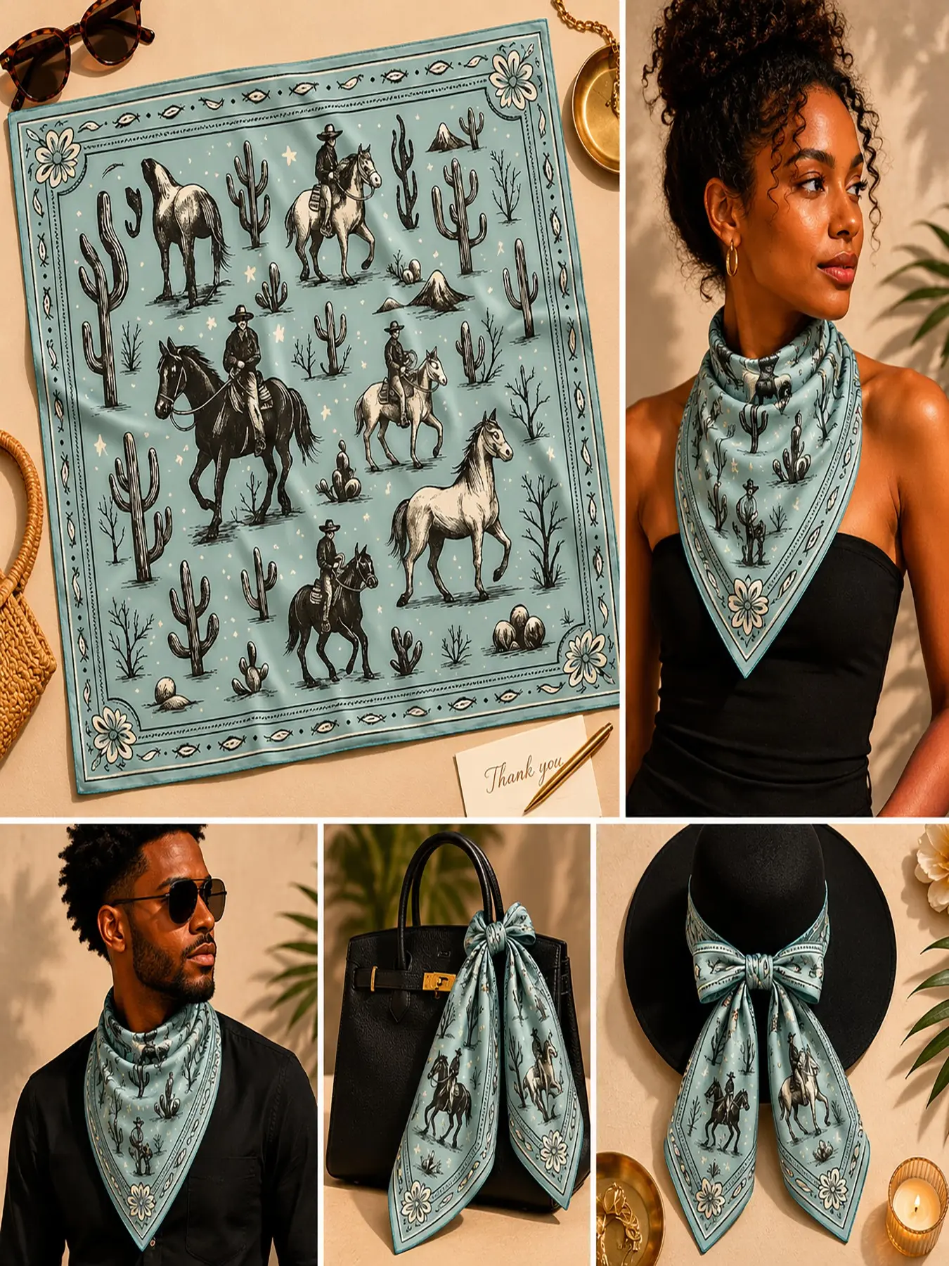 Women Western Cowboy Horse Print Square Scarf, Light Blue Desert Cactus Pattern, Vintage Rodeo Style, Chic Casual Accessory