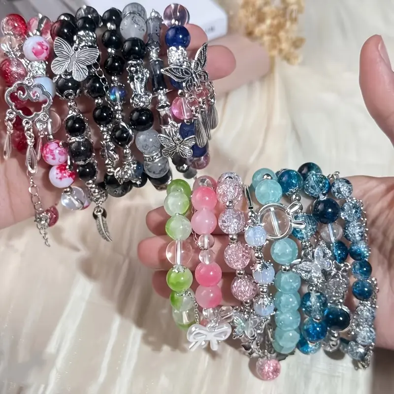 16pcs Ins Style Fashionable And Elegant Ladies Glass Bead Bracelet Set, Sparkling Crack Beaded with Floral Butterfly Feather Star Bow Pendant, Niche Design