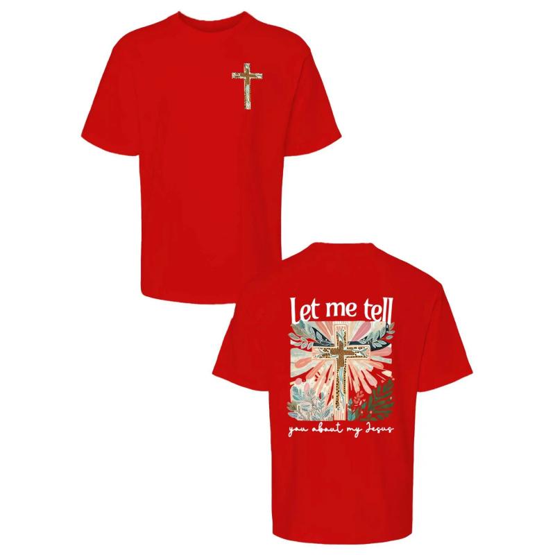 Colorful Graphic Black T-Shirt for Girls - Features Floral Cross Design and Inspirational 'Let me tell you about my Jesus' Text |   Adorned with Pink Hair Clips, Perfect for Casual Wear |   Stylish and Eye-Catching Top for Young Fashionistas