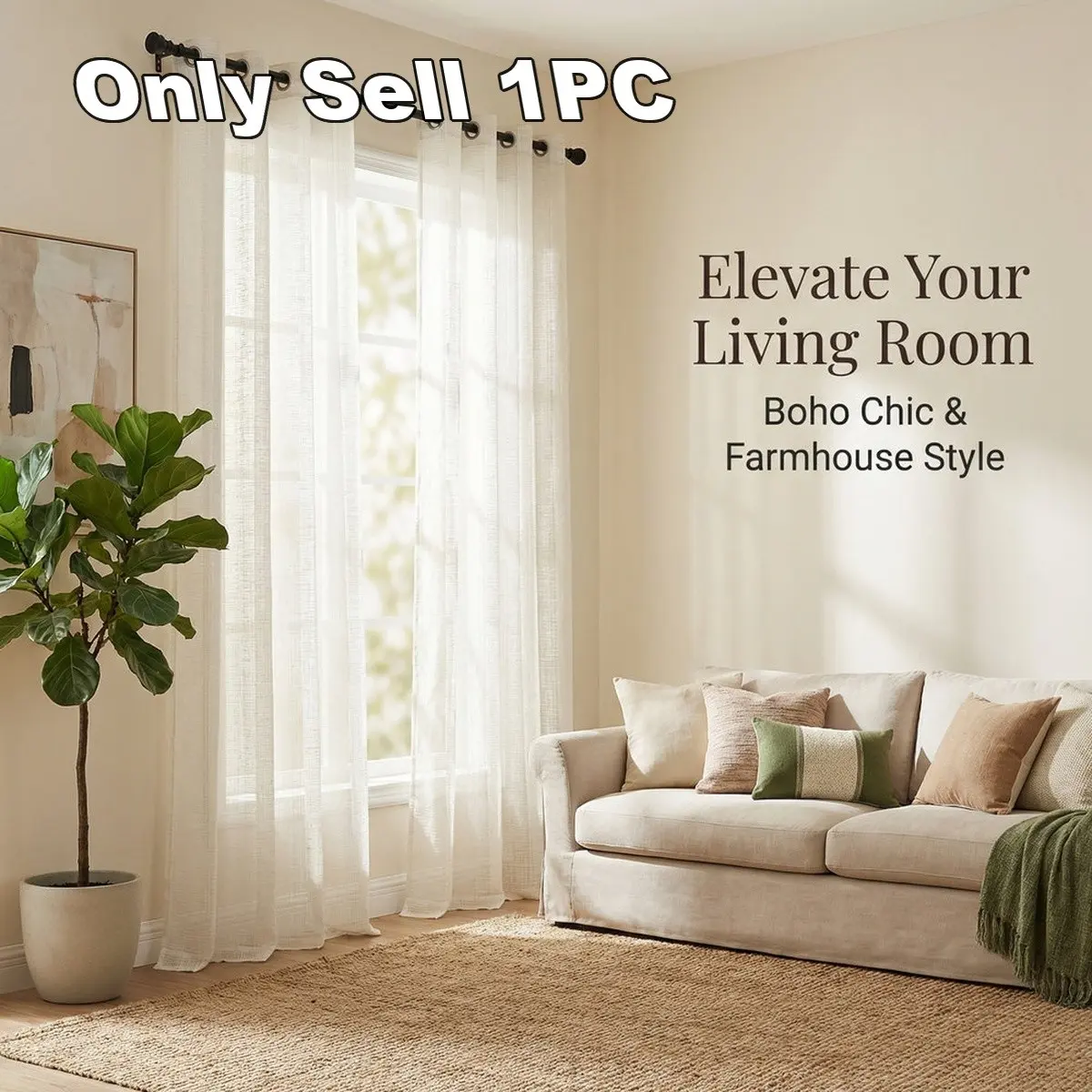 Luxurious Bohemian Style Curtains, 1 Piece, 100% Polyester, 180gsm Textured Fabric, Ring Top Light Filtering Solid Color