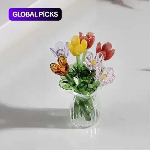 1 Set (8 Flowers + 1 Vase) Handcrafted Mini Glass Artificial Flower Ornaments, DIY Faux Flower Arrangement Bouquet, Decorative Mixed Flower Set for Gifting and Event Decorations, Fake Floral Decor, Artificial Flower Bouquets #GLOBAL PICKS