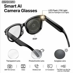 SENBONO HD Smart Glasses Camera, Portable Sports Eyewear for Video Recording, Take photos, flash， Real-Time Translation, Wireless Calling, Music Playback and Voice Assistant   Suitable for Home, Work, Commute, Travel & Outdoor Sports（Free lenses included）