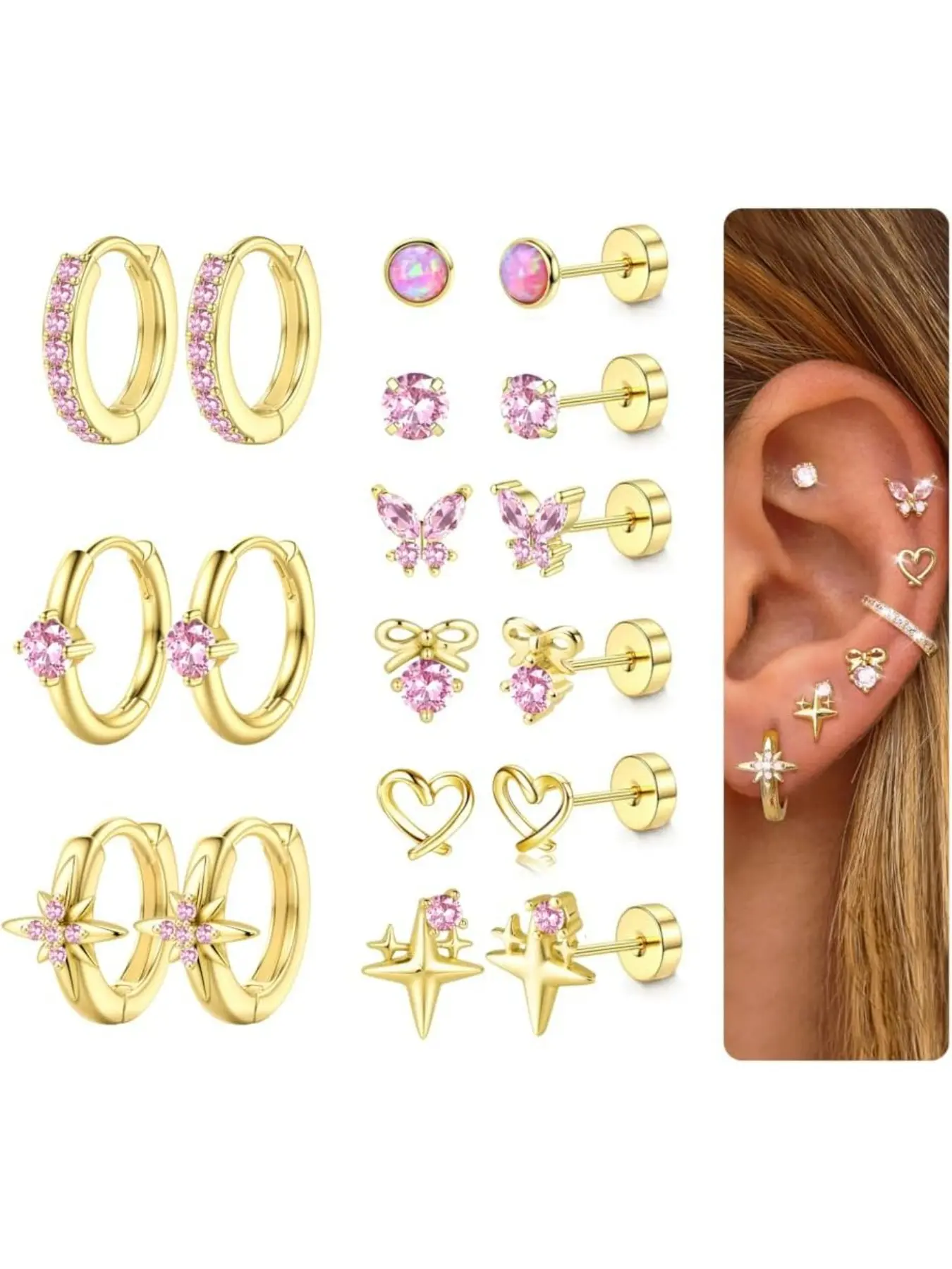 Hypoallergenic Flat Back Earrings for Women Men Surgical Steel Earring for Sensitive Ears, 14K Gold Plated Stainless Steel Flatback Stud Hoop Cartilage Earring Stacks for Multiple Piercing Earrings Studs