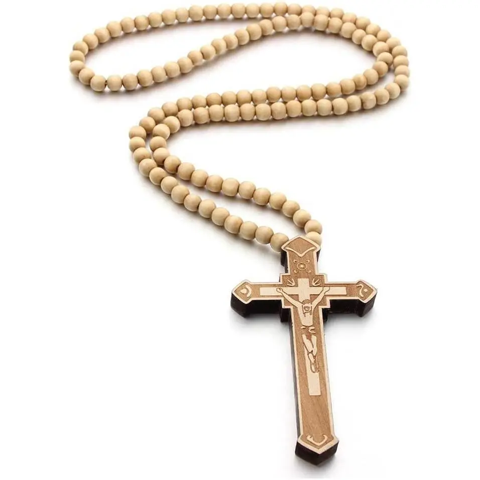 -Hop    Pendant 8MM Wooden Bead Chain Rosary Necklaces for Men Women