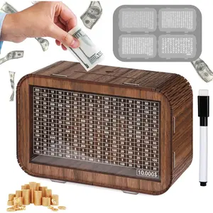4-in-1 Piggy Bank for Adults - Fully Assembled Wooden Money Saving Challenge Box($1000/$3000/$5000/$10000) - Money Bank with Counter and Dry Erase Pen - Money Box for Cash Coin - Best Gifts